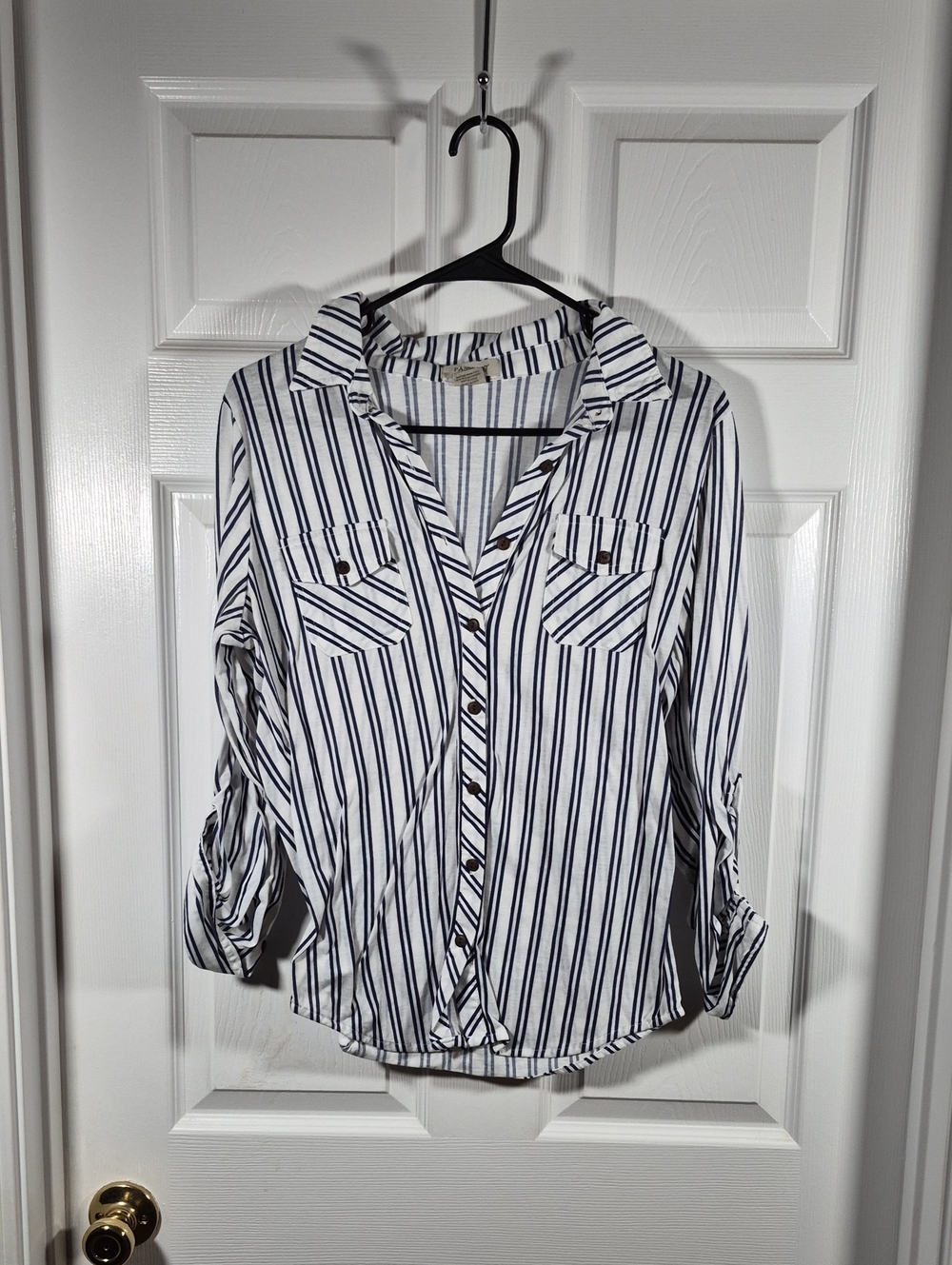 Passport White Button-Down Shirt with Navy Stripes